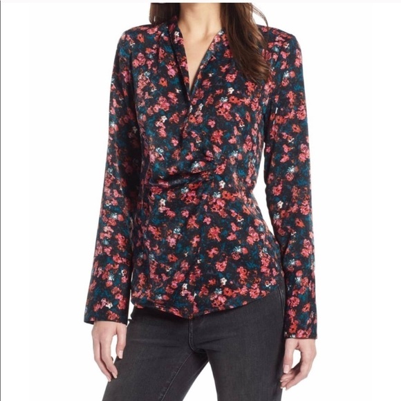 Something Navy Pink Rosebud Draped Wrap Top - Picture 1 of 15